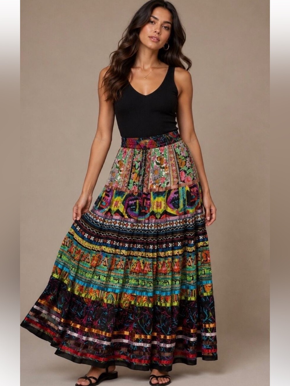 Travelsmith Broomstick Tiered Floral Patchwork Maxi Skirt